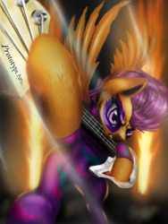 Size: 1536x2048 | Tagged: safe, artist:techwingidustries, scootaloo, pegasus, pony, g4, bass guitar, clothes, commission, female, fire, glam metal, guitar, left handed, musical instrument, pyrotechnics, rock (music), rockstar, scootabass, show stopper outfits, solo