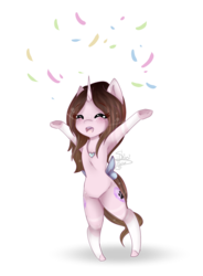 Size: 943x1282 | Tagged: safe, artist:crystal890, oc, oc only, oc:cindy, pony, unicorn, armpits, bipedal, bow, confetti, female, mare, simple background, solo, tail bow, transparent background