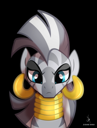 Size: 1010x1320 | Tagged: safe, artist:zidanemina, edit, zecora, pony, zebra, g4, the cutie pox, black background, female, looking at you, simple background, solo