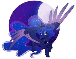 Size: 2028x1584 | Tagged: safe, artist:nemovonsilver, princess luna, alicorn, pony, g4, cloven hooves, crown, cute, eye clipping through hair, female, jewelry, lidded eyes, lunabetes, mare, moon, night, regalia, solo, spread wings, two toned wings, wings