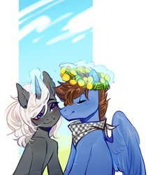 Size: 1280x1509 | Tagged: safe, artist:aphphphphp, oc, pegasus, pony, unicorn, floral head wreath, flower