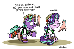 Size: 6570x4364 | Tagged: safe, artist:bobthedalek, firelight, starlight glimmer, pony, unicorn, g4, atg 2019, bells, clothes, dancing, dialogue, duo, father and daughter, fathers gonna father, female, handkerchief, hat, magic, male, morris dancing, newbie artist training grounds, sitting, stallion, telekinesis