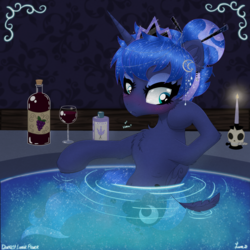 Size: 3000x3000 | Tagged: safe, artist:darkest-lunar-flower, princess luna, alicorn, pony, g4, alcohol, bathing, belly button, blushing, body wash, candle, chest fluff, feather, female, glass, hair bun, high res, jewelry, leaning back, mare, skull, water, wine, wine glass