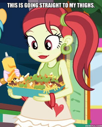 Size: 600x746 | Tagged: safe, edit, edited screencap, screencap, rose heart, summer solstice (g4), equestria girls, five lines you need to stand in, g4, my little pony equestria girls: better together, bracelet, chips, clothes, ear piercing, earring, female, food, jewelry, memeful.com, nachos, offscreen character, piercing, tank top