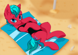 Size: 2480x1748 | Tagged: safe, artist:hidey, artist:oc:windsweeper, oc, oc only, oc:windsweeper, earth pony, pony, beach, black swimsuit, clothes, cutie mark, female, mare, on back, one-piece swimsuit, sand, solo, swimsuit, towel