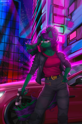 Size: 800x1200 | Tagged: safe, artist:margony, artist:orfartina, oc, oc only, oc:buggy code, anthro, anthro oc, car, city, clothes, collaboration, cyberpunk, night, pants, solo, stars, vehicle, ych result