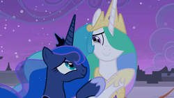 Size: 1920x1080 | Tagged: safe, screencap, princess celestia, princess luna, alicorn, pony, g4, the summer sun setback, canterlot, crown, crying, cute, ethereal mane, eyeshadow, female, flowing mane, hoof shoes, jewelry, looking at each other, makeup, mare, night, raised hoof, regalia, royal sisters, siblings, sisters, tears of joy