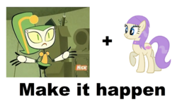 Size: 2693x1565 | Tagged: safe, vera, earth pony, human, pony, robot, g4, clothes, designing women, dress, exploitable meme, female, make it happen, mare, meme, my life as a teenage robot, nickelodeon, ponytail, qt-2, spa pony, text, vexus