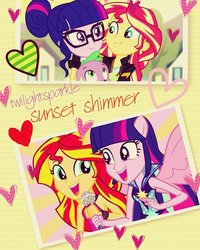 Size: 768x960 | Tagged: safe, sci-twi, spike, spike the regular dog, sunset shimmer, twilight sparkle, alicorn, dog, equestria girls, g4, my little pony equestria girls: friendship games, my little pony equestria girls: rainbow rocks, female, lesbian, ponied up, ship:sci-twishimmer, ship:sunsetsparkle, shipping, twilight sparkle (alicorn), twolight, welcome to the show