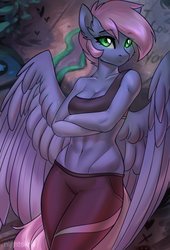 Size: 1469x2160 | Tagged: safe, artist:nightskrill, oc, oc only, oc:tempest, pegasus, anthro, abs, anthro oc, clothes, female, graffiti, leaning on wall, looking at you, pants, pegasus oc, solo, sports bra, yoga pants