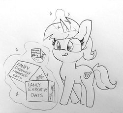 Size: 1557x1440 | Tagged: safe, artist:tjpones, lyra heartstrings, pony, unicorn, g4, slice of life (episode), :p, black and white, expensive imported oats, female, food, glowing horn, grayscale, herbivore, horn, imminent consumption, l.u.l.s., magic, mare, monochrome, oats, pure unfiltered evil, simple background, solo, telekinesis, that pony sure does love oats, tongue out, traditional art
