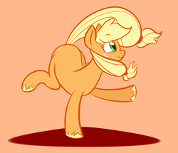 Size: 1024x879 | Tagged: dead source, safe, artist:squirrelsphere, applejack, earth pony, pony, g4, cute, female, hatless, heart eyes, jackabetes, mare, missing accessory, orange background, profile, simple background, solo, standing, standing on one leg, unshorn fetlocks, wingding eyes