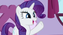Size: 1920x1080 | Tagged: safe, screencap, rarity, pony, unicorn, g4, she's all yak, female, mare, open mouth, raised hoof, smiling, solo