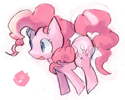 Size: 600x480 | Tagged: safe, artist:citolo, pinkie pie, earth pony, pony, g4, cute, diapinkes, female, music notes, open mouth, pictogram, pixiv, simple background, solo, speech bubble, white background