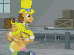 Size: 640x480 | Tagged: safe, edit, edited screencap, screencap, cheese sandwich, earth pony, pony, rubber pony, g4, the last laugh, animated, ball, beach ball, box, clothes, cropped, factory, gag factory, gif, hat, male, singing, song, stallion, trotting