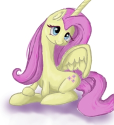 Size: 4280x4698 | Tagged: safe, artist:slitfit, fluttershy, alicorn, pony, g4, alicornified, cute, female, fluttercorn, looking at you, prone, race swap, simple background, solo, white background