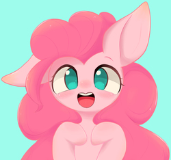 Size: 1200x1122 | Tagged: safe, artist:91o42, pinkie pie, earth pony, pony, g4, blue background, blushing, bust, cute, diapinkes, female, looking at you, mare, no nose, no pupils, one ear down, open mouth, pixiv, portrait, simple background, solo