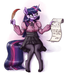 Size: 1425x1600 | Tagged: safe, artist:king-kakapo, twilight sparkle, anthro, unguligrade anthro, g4, blouse, clothes, ear piercing, earring, female, glasses, high heels, jewelry, mare, pantyhose, piercing, pleated skirt, quill pen, ribbon, scroll, shoes, sitting, skirt, solo