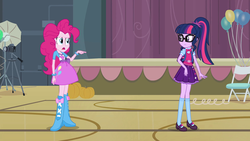 Size: 1920x1080 | Tagged: safe, edit, edited screencap, editor:machiavellian mythos, screencap, pinkie pie, sci-twi, twilight sparkle, equestria girls, g4, my little pony equestria girls, alternate universe, backpack, balloon, boots, bracelet, camera, chair, clothes, glasses, jewelry, mary janes, pointing, ponytail, pumpkin, sci-twi outfits, shoes, skirt, socks