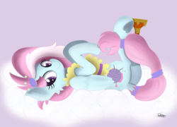 Size: 1500x1080 | Tagged: safe, artist:sadtrooper, kerfuffle, pegasus, pony, g4, my little pony: rainbow roadtrip, amputee, atg 2019, clothes, cloud, cute, female, fufflebetes, looking at you, lying down, mare, newbie artist training grounds, on back, pincushion, prosthetic leg, prosthetic limb, prosthetics, signature, smiling, solo, vest