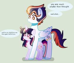 Size: 2008x1696 | Tagged: safe, artist:moon-rose-rosie, oc, oc only, oc:celestial moon, oc:shining ray, alicorn, pegasus, pony, unicorn, blushing, duo, female, magical lesbian spawn, male, offspring, parent:rainbow dash, parent:soarin', parent:spitfire, parent:twilight sparkle, size difference