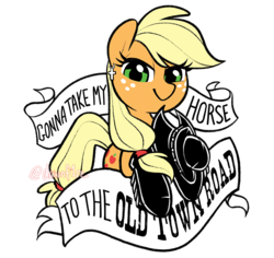Size: 900x850 | Tagged: safe, artist:dawnfire, applejack, pony, g4, cowboy hat, cross, ear piercing, earring, female, hat, jewelry, lidded eyes, lil nas x, looking at you, lyrics, old town road, piercing, solo, song reference, t shirt design, text