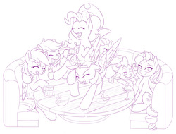 Size: 1280x974 | Tagged: safe, artist:dstears, applejack, fluttershy, pinkie pie, rainbow dash, rarity, spike, twilight sparkle, alicorn, dragon, earth pony, pegasus, pony, unicorn, g4, accessory swap, alcohol, applejack's hat, cider, couch, cowboy hat, crying, czte, dancing, do the sparkle, drunk, eyes closed, female, folded wings, freckles, glass, hat, laughing, mane six, mare, martini, monochrome, mug, open mouth, pinkie pie riding twilight, ponies riding ponies, riding, simple background, sitting, sketch, smiling, table, tears of laughter, teary eyes, twilight sparkle (alicorn), white background, wings