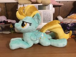 Size: 2048x1536 | Tagged: safe, artist:peruserofpieces, lightning dust, pegasus, pony, g4, folded wings, irl, lidded eyes, photo, plushie, prone, wings