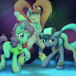 Size: 2000x2000 | Tagged: safe, artist:ohemo, azure velour, flashdancer, pacific glow, earth pony, pony, the saddle row review, atg 2019, bottomless, clothes, dancing, eyes closed, female, glowstick, happy, hat, horn, jewelry, leg warmers, looking at you, necklace, newbie artist training grounds, open mouth, pacifier, partial nudity, rave, shirt, smiling