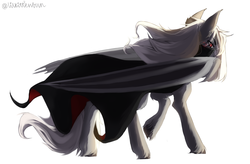 Size: 2000x1312 | Tagged: safe, artist:lilkittenbun, oc, oc:dracula, pony, vampire, vampony, bat wings, cape, clothes, looking back, red eyes, simple background, white background, wings