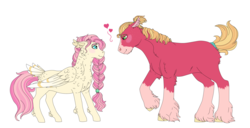 Size: 4100x2100 | Tagged: safe, artist:bizaardwolf, big macintosh, fluttershy, earth pony, pony, g4, braid, chest feathers, coat markings, female, floating heart, freckles, headcanon, heart, male, mare, missing cutie mark, ship:fluttermac, shipping, simple background, socks (coat markings), stallion, straight, tail feathers, unshorn fetlocks, white background
