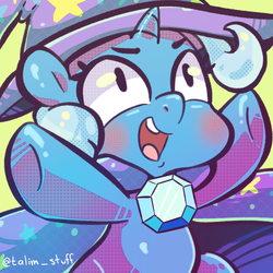 Size: 900x900 | Tagged: safe, artist:talimingi, trixie, pony, g4, blushing, cape, chibi, clothes, cute, diatrixes, female, hat, mare, open mouth, solo, trixie's cape, trixie's hat