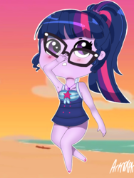 Size: 1800x2400 | Tagged: safe, artist:artmlpk, sci-twi, twilight sparkle, equestria girls, equestria girls series, forgotten friendship, g4, adorable face, adorkable, anime style, armpits, beach, big glasses, blushing, chibi, clothes, cute, cuteness overload, dork, female, geode of telekinesis, magical geodes, ponytail, schrödinger's pantsu, solo, sunset, swimsuit, twiabetes