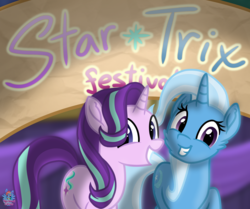 Size: 1610x1344 | Tagged: safe, artist:rainbow eevee, starlight glimmer, trixie, pony, unicorn, g4, atg 2019, banner, cute, female, festival, festive, lesbian, looking at you, mare, newbie artist training grounds, photo, ship:startrix, shipping, smiling, smiling at you, text