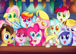 Size: 2000x1409 | Tagged: safe, artist:andromedasparkz, berry punch, berryshine, cloud kicker, derpy hooves, doctor whooves, fluttershy, lily, lily valley, lyra heartstrings, pinkie pie, rainbow dash, roseluck, time turner, earth pony, pegasus, pony, unicorn, g4, female, festival, male, mare, newbie artist training grounds, stallion