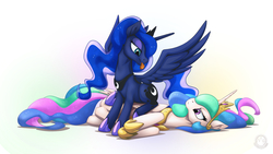Size: 1920x1080 | Tagged: safe, artist:mysticalpha, princess celestia, princess luna, alicorn, pony, g4, :p, annoyed, crown, cute, cutelestia, female, hoof shoes, jewelry, looking at each other, lunabetes, majestic as fuck, on top, peytral, regalia, royal sisters, siblings, silly, sisters, sitting, sitting on person, sitting on pony, spread wings, teasing, tongue out, wallpaper, wings