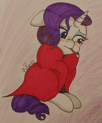 Size: 2042x2449 | Tagged: safe, artist:iffoundreturntorarity, rarity, pony, unicorn, g4, backwards thermometer, blanket, blushing, cute, female, flushed face, high res, messy mane, raribetes, sad, sadorable, sick, solo, thermometer, traditional art