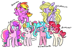 Size: 1220x800 | Tagged: safe, artist:fundaes, cupcake (g4), feathermay, lily blossom, plumsweet, starbeam twinkle, sweetie swirl, earth pony, pegasus, pony, unicorn, g4, alternate mane six, cutie mark, ears back, female, flying, glasses, looking at you, mare, not toola roola, ponytail, simple background, smiling, standing, white background