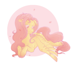 Size: 1257x1080 | Tagged: safe, artist:airborneice, fluttershy, pegasus, pony, g4, abstract background, female, floppy ears, lidded eyes, mare, one wing out, petals, prone, smiling, solo, wings