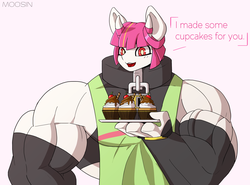 Size: 2700x2000 | Tagged: safe, artist:mopyr, oc, oc only, oc:fort, original species, anthro, anatomically incorrect, apron, clothes, collar, cupcake, cute, dialogue, female, fetish, food, gloves, high res, horn, long gloves, muscle fetish, muscles, padlocked collar, solo