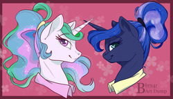 Size: 1280x730 | Tagged: safe, artist:bbru4r, princess celestia, princess luna, alicorn, pony, between dark and dawn, g4, abstract background, alternate hairstyle, bust, clothes, crossed horns, duo, ear fluff, ethereal mane, eyebrows, eyebrows visible through hair, female, freckles, horn, horns are touching, lidded eyes, looking at you, mare, ponytail, royal sisters, shirt, smiling, starry mane