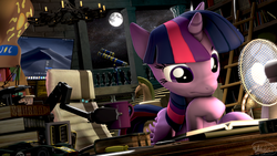 Size: 3840x2160 | Tagged: safe, artist:whiteskyline, twilight sparkle, alicorn, pony, g4, 3d, book, bookshelf, boston dynamics, column, computer, confused, fan, female, ford gt le mans, high res, ladder, library, mac os, mac os x, monitor, moon, screwdriver, signature, solo, source filmmaker, telescope, twilight sparkle (alicorn)
