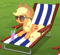Size: 1077x987 | Tagged: safe, screencap, applejack, earth pony, pony, g4, the cart before the ponies, aviator sunglasses, beach chair, chair, cropped, drink, drinking glass, female, mare, prone, smiling, solo, straw, sunglasses