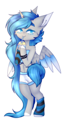 Size: 1600x2900 | Tagged: safe, artist:honeybbear, oc, oc only, oc:moonbeam zodiac, alicorn, pony, alicorn oc, bipedal, clothes, female, mare, shorts, simple background, smoothie, solo, top, transparent background