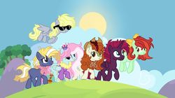 Size: 1280x717 | Tagged: safe, artist:bezziie, autumn blaze, candy apples, derpy hooves, fizzlepop berrytwist, kerfuffle, star tracker, tempest shadow, alicorn, earth pony, kirin, pegasus, pony, g4, alternate mane six, alternate universe, apple family member, applejack's hat, base used, best friends until the end of time, bow, cowboy hat, female, fizzleverse, hat, mare, sunglasses