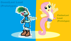 Size: 1018x594 | Tagged: safe, fluttershy, fairy, pegasus, pony, g4, 1000 hours in ms paint, abby's flying fairy school, fluttergonnigan, flutterlori loud, glasses, gonnigan, gonnileni loud, jewelry, necklace, ponies wearing clothing, prototype leni loud's outfit, prototype lori loud's outfit, snow boots