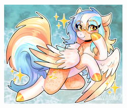 Size: 1000x847 | Tagged: safe, artist:rayadra, oc, oc only, pegasus, pony, abstract background, colored hooves, colored wings, female, freckles, glasses, looking at you, mare, pale belly, pegasus oc, smiling, solo, sparkles, spread wings, wings