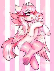 Size: 758x1000 | Tagged: safe, artist:rayadra, oc, oc only, oc:strawberry milk, pony, abstract background, clothes, colored hooves, colored wings, drinking straw, female, food, frog (hoof), mare, milkshake, pegasus oc, pink socks, socks, solo, strawberry, thigh highs, tongue out, two toned wings, underhoof, wings
