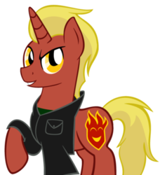 Size: 350x368 | Tagged: artist needed, safe, oc, oc only, oc:firebrand, pony, unicorn, clothes, jacket, josh scorcher, looking at you, male, solo, stallion, vector
