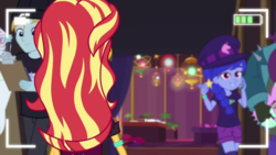 Size: 1280x720 | Tagged: safe, screencap, rift axe, rolling stone (g4), space camp, sunset shimmer, equestria girls, equestria girls series, g4, how to backstage, spoiler:eqg series (season 2), background human, clothes, female, fingerless gloves, gloves, male, selfie drone